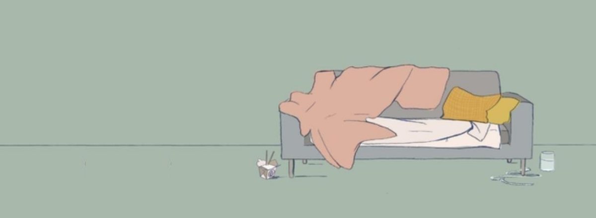 Illustration af rodet sofa med kinamad og tæpper
