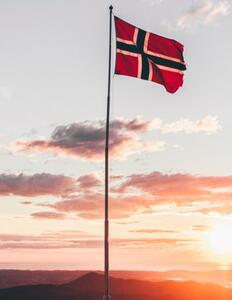 Foto af norsk flag og landskab