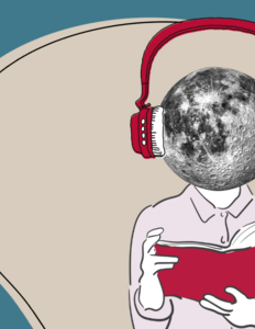 kvinde med måne som hoved og høretelefoner læser op